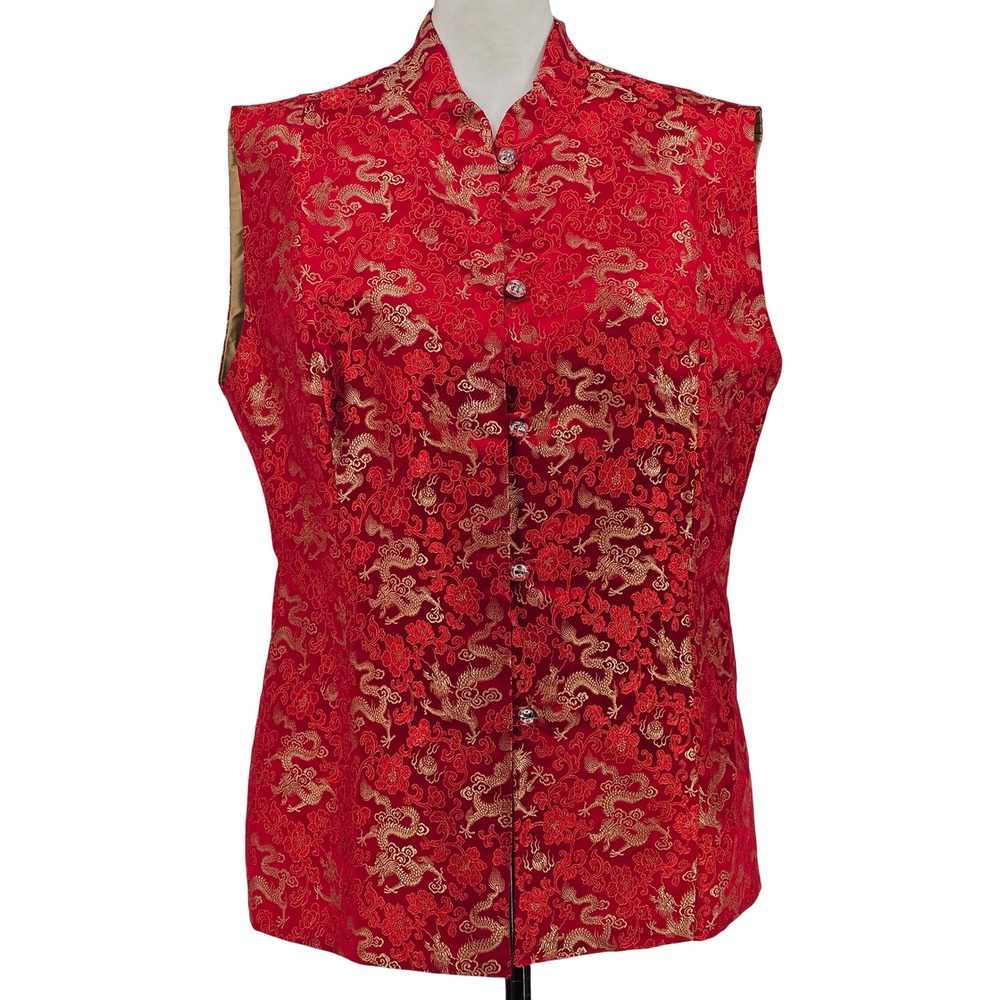 Regalia Handmade Silk Red Dragon Brocade Vest XL Mandarin Collar Oriental Boho